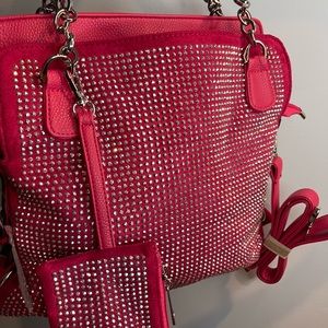 Hot Pink & Rhinestones Shoulder bag with crossbody straps.